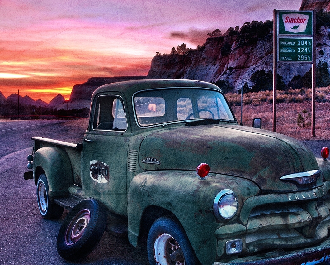 XXL Oldtimer Truck Sonnenuntergang auf Leinwand Keilrahmen Pick Up Laster Sunset